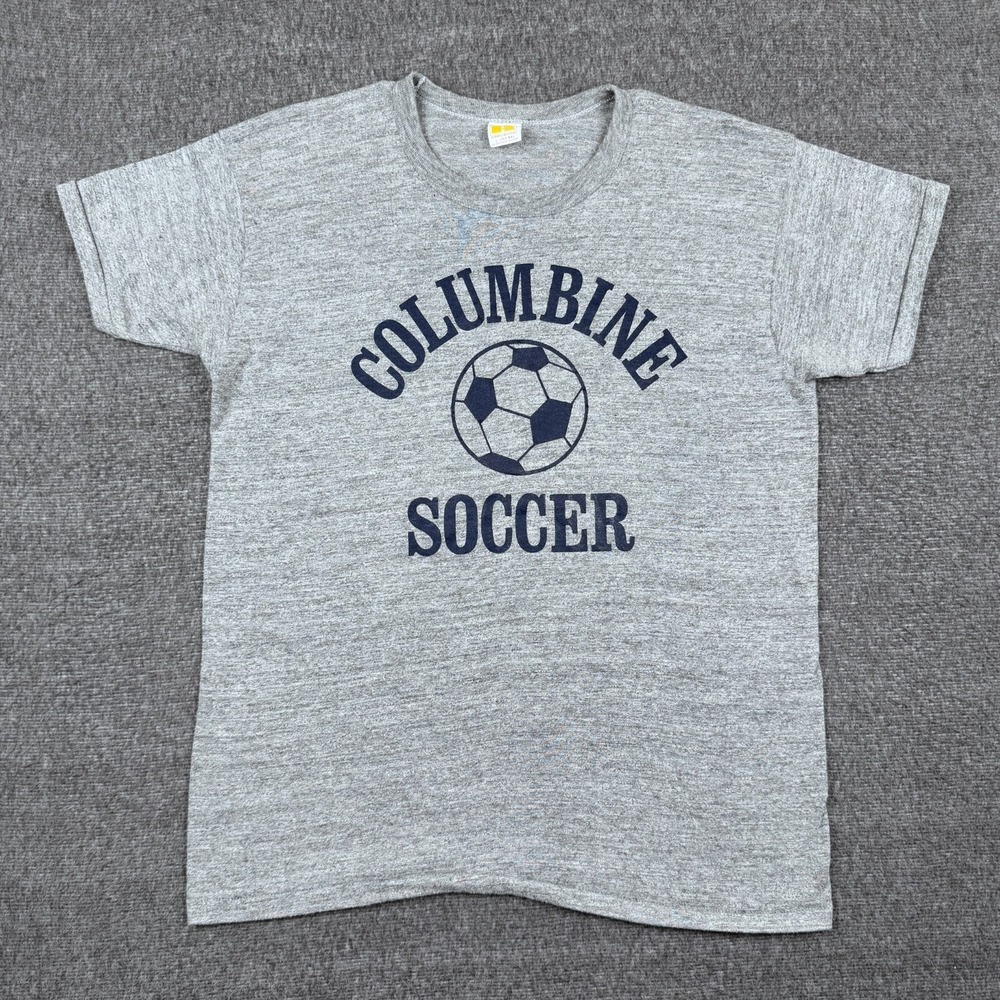 Vintage Russell Columbine Soccer T-Shirt Mens Large Gray Rebels High School 70s